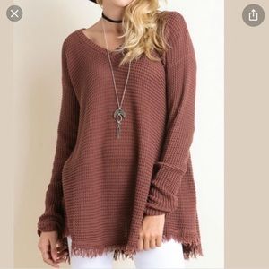 Wishlist Dark Brick Cutout V-Neck Fringe Sweater